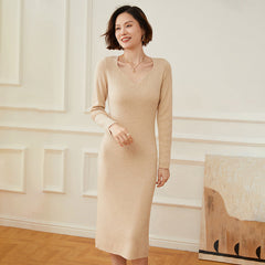Women's  Long V Neck Cashmere Sweater Dresses