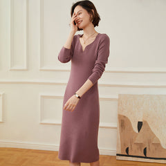 Women's  Long V Neck Cashmere Sweater Dresses