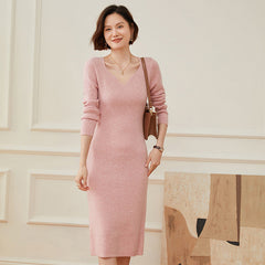 Women's  Long V Neck Cashmere Sweater Dresses