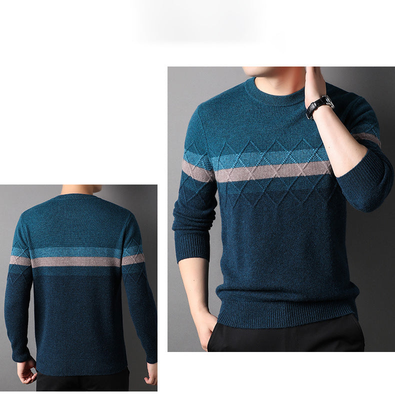 100% Pure Cashmere Sweater for MenMixed Stripe Crew Neck Long Sleeve Cashmere Sweater