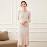 Women's Cashmere Long V Neck Cashmere Dresses