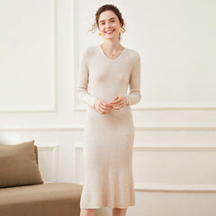 Women's Cashmere Dresses Long V Neck Cashmere Dresses