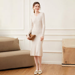 Women's Cashmere Long V Neck Cashmere Dresses