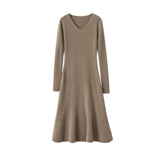 Women's Cashmere Long V Neck Cashmere Dresses