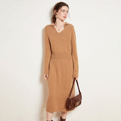 Women's Long V Neck Lapel Cashmere Dresses