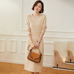 Women's Long V Neck Lapel Cashmere Dresses