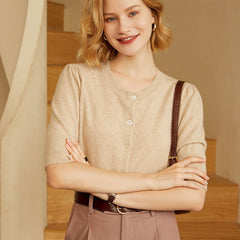 Women 100% Pure Cashmere Cardigan Button Front Short Sleeve Crew Neck Cashmere Cardigan