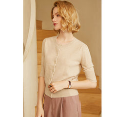 Women 100% Pure Cashmere Cardigan Button Front Short Sleeve Crew Neck Cashmere Cardigan