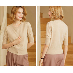 Women 100% Pure Cashmere Cardigan Button Front Short Sleeve Crew Neck Cashmere Cardigan