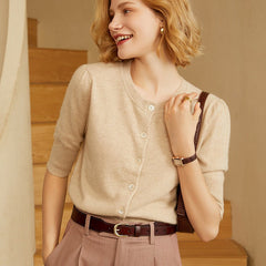 Women 100% Pure Cashmere Cardigan Button Front Short Sleeve Crew Neck Cashmere Cardigan