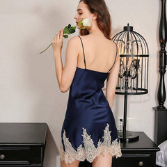 Women V Neck Silk Chemise With Lace Silk Nightgown