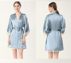 Mid Length V Neck Long Sleeves Silk Robe Silk Set For Women