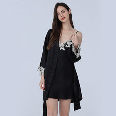 V Neck With Lace Split Women's Silk Robes Ladies Silk Set