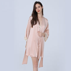 V Neck With Lace Split Women's Silk Robes Ladies Silk Set