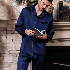 Mens Long Silk Pajamas Set Pure Silk Nightwear