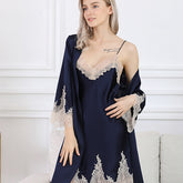Women V Neck Lace Silk Silk Robe and Nightgown Set