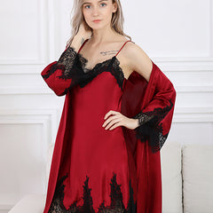 Women V Neck Lace Silk Silk Robe and Nightgown Set