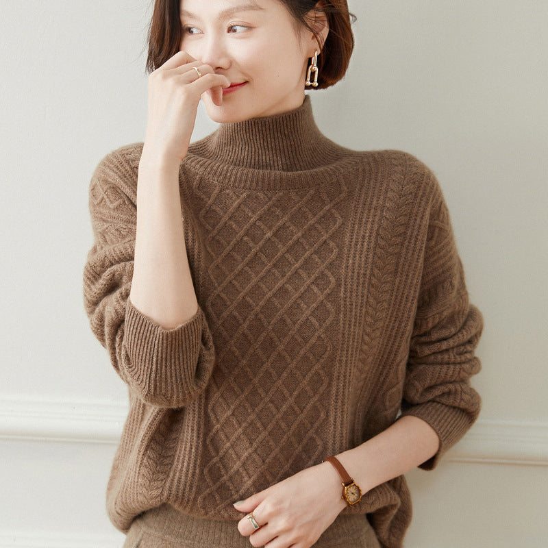 Turtleneck Loose Cable Pattern Slimming Wool Knitted  Bottoming Cashmere Sweater