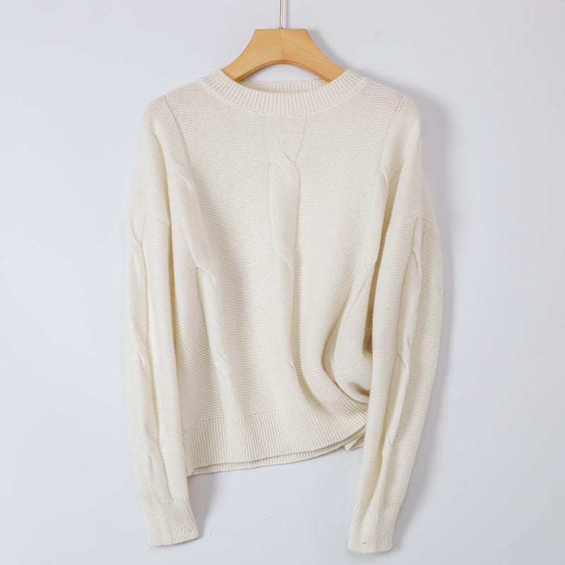 Round Neck  Long Sleeve Pullover Casual Cable  Cashmere Sweater for Women