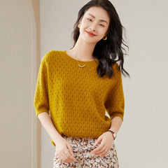Round neck Half Turtleneck Women's 100% Pure Cashmere Sweater  Short Sleeve Hollow Thin Cashmere Sweater