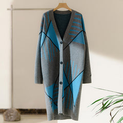 Long Color-Blocked Knitted Women's Cashmere Coat Sweater Cardigan