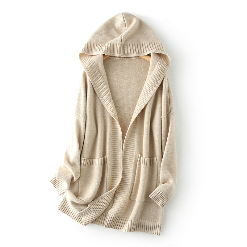 Solid Color Cashmere Knitted Cardigan Mid-length Top for Women