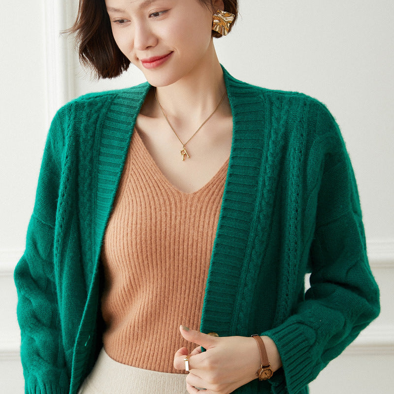 V-neck Knitted Cardigan for women Loose Casual Cable Coat  Thickened Sweater