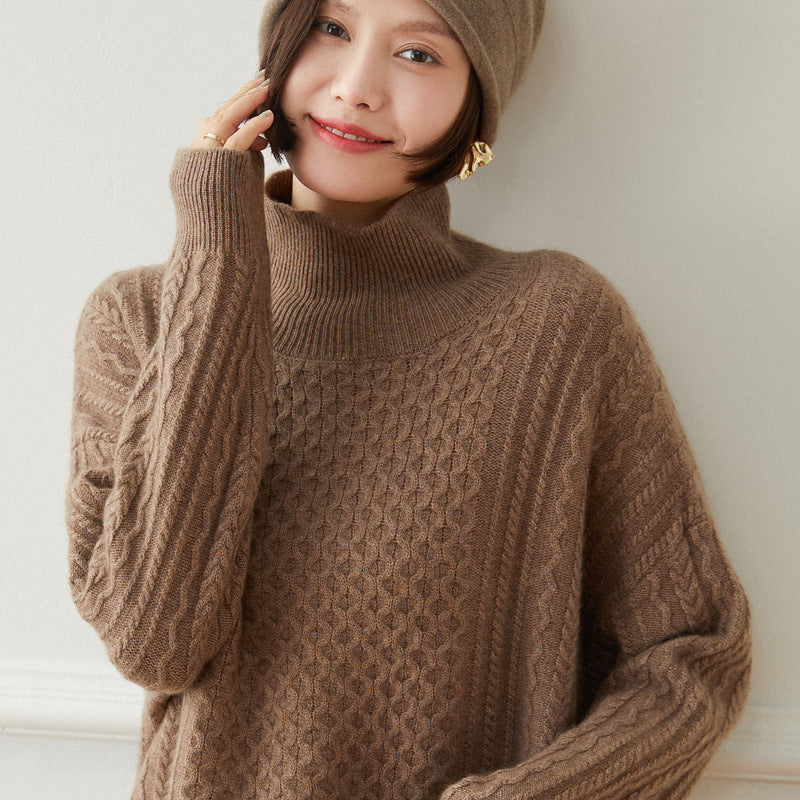 High Round Neck Loose Thickened Bottoming  Cashmere Sweater for Women