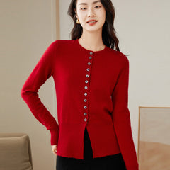 100% Pure Cashmere Cardigan Knitted Cashmere Round Neck Cardigan Women's Long Sleeve  Slim Sweater