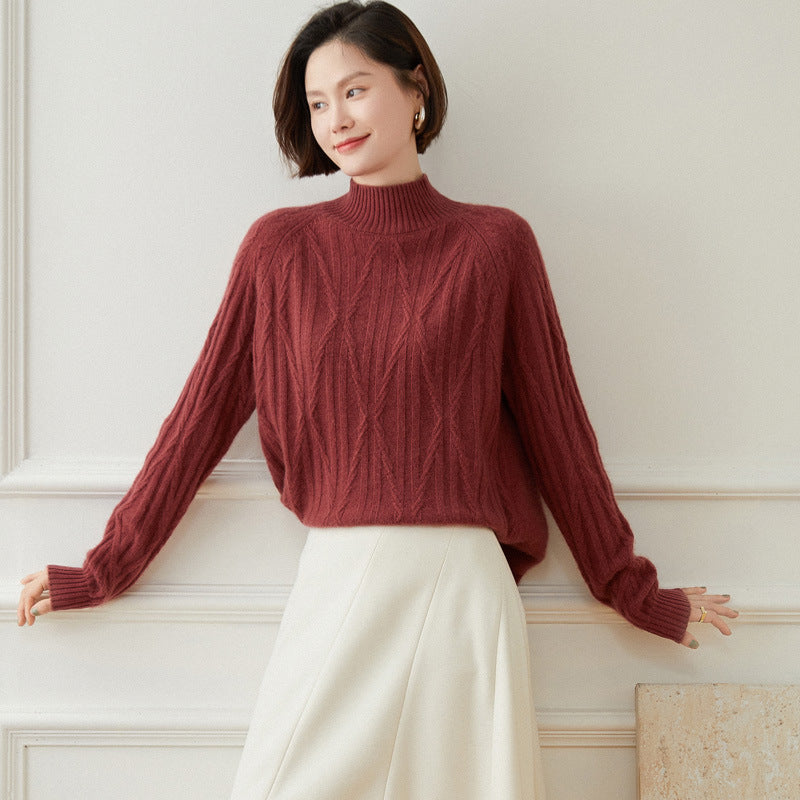 Half Turtleneck Thickened Slim Raglan Sleeve  Cashmere Sweater for Women