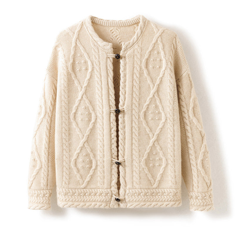 Soft Cable Knit Sweater Cardigan for Women Retro Round Neck Twist Cardigan Cashmere Sweater