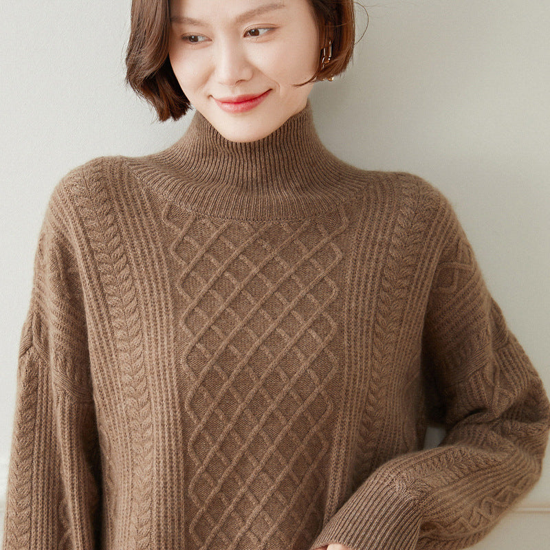 Turtleneck Loose Cable Pattern Slimming Wool Knitted  Bottoming Cashmere Sweater