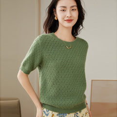 Round neck Half Turtleneck Women's 100% Pure Cashmere Sweater  Short Sleeve Hollow Thin Cashmere Sweater
