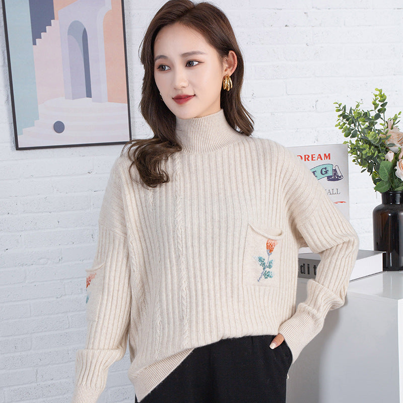 Women's High neck Cashmere Sweater Loose Long Sleeve Warm Cashmere