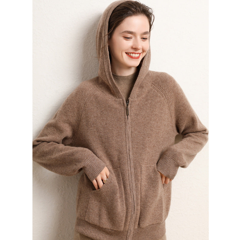 High-end Women's Thickened Knitted Hooded Zipper Hoodie Loose Cashmere Cardigan