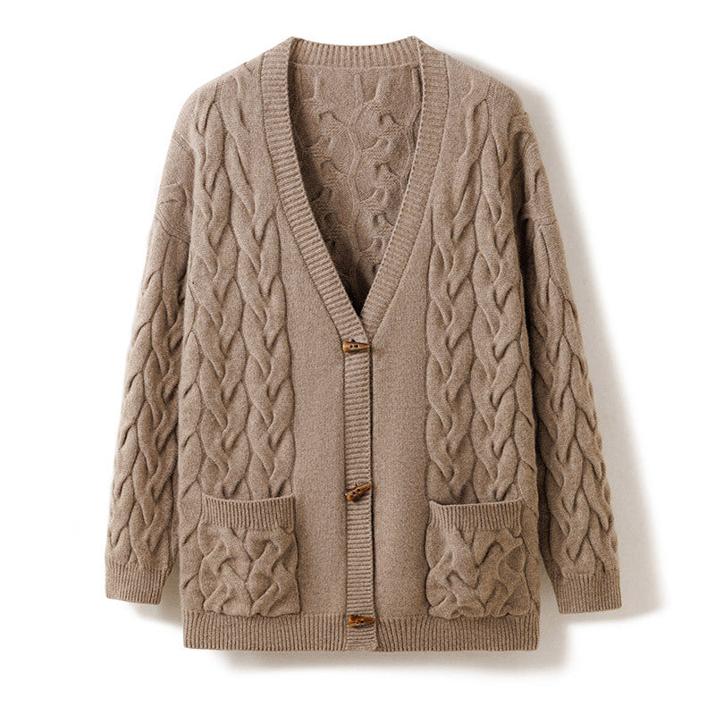 V-neck Mid-length Knitted Twist Coat Loose Long-sleeved Twisted sweater