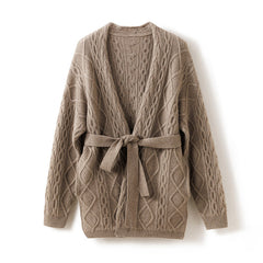 Hollow Cardigan for Women Mid-length Knitted Jacquard Lace-up Jacket Sweater