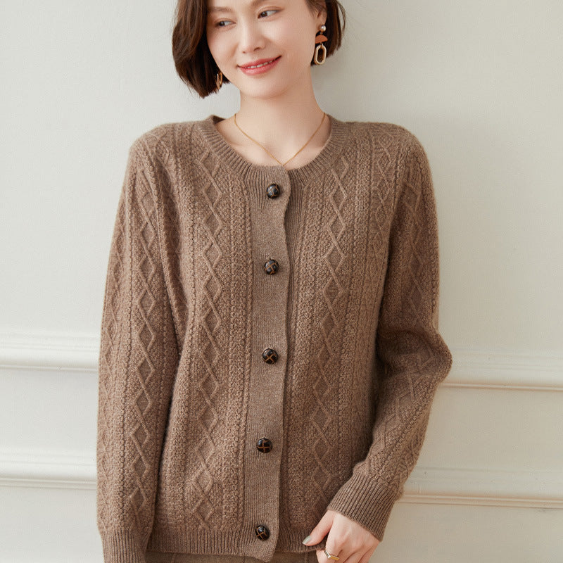 Women's Cardigan Round Neck Twist Wool Sweater Jacket Loose Thickened Sweater