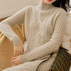 Women's Half Turtleneck Cashmere Sweater Thickened Cable Dress