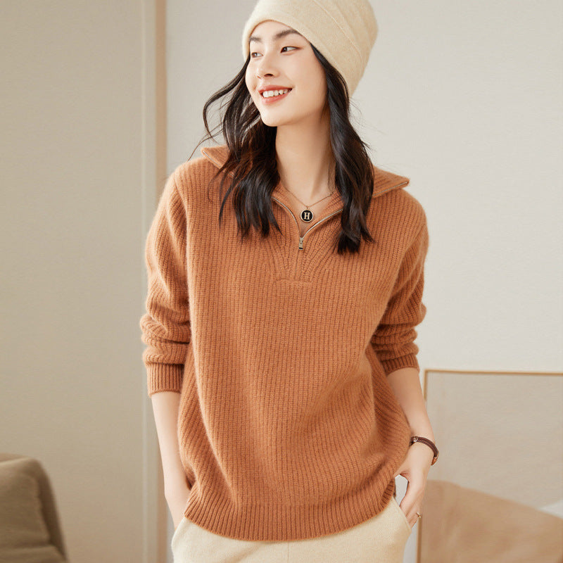 Half-zip Turtleneck Cashmere Sweater for women Thickened Loose Sweater