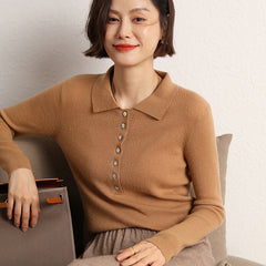 POLO Collar Solid Color Striped Knitted Shirt Pullover Wool Inner Sweater