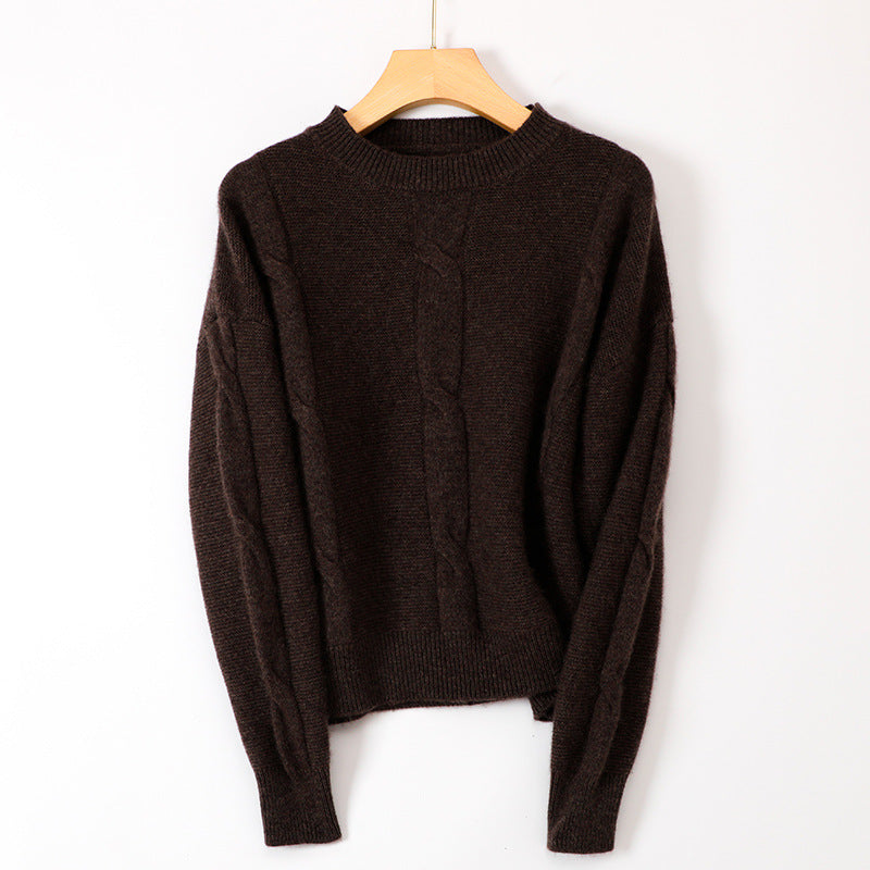 Round Neck  Long Sleeve Pullover Casual Cable  Cashmere Sweater for Women