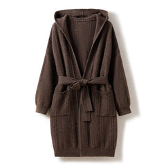 Mid-length Lazy Style Cable Loose Cashmere Hooded Knitted Cardigan for women