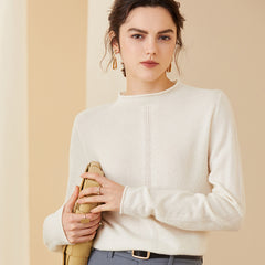 Warm Soft Cashmere Wool Seam-Detail Mock Neck Sweater