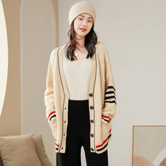 College Style Sweater Knitted Jacket Color Matching Wool Top for Women