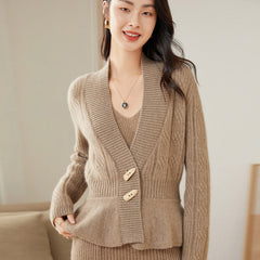 V-neck Cashmere Thickened Cardigan Ruffled Waist Wool Knitted Fragrant Sweater
