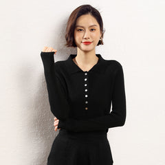 POLO Collar Solid Color Striped Knitted Shirt Pullover Wool Inner Sweater