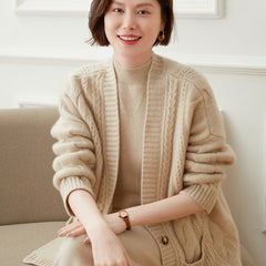 V-neck Knitted Cardigan for women Loose Casual Cable Coat  Thickened Sweater