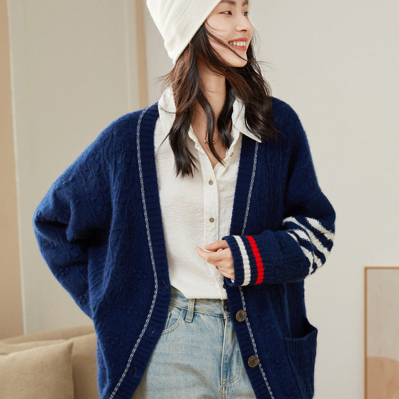 College Style Sweater Knitted Jacket Color Matching Wool Top for Women