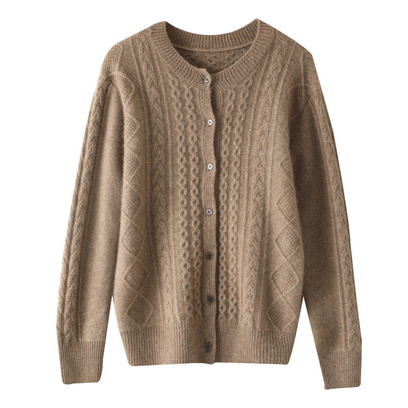 Round Neck Cashmere Cardigan Women's Retro Cable Knit Cardigan Thickened Long Sleeve Sweater